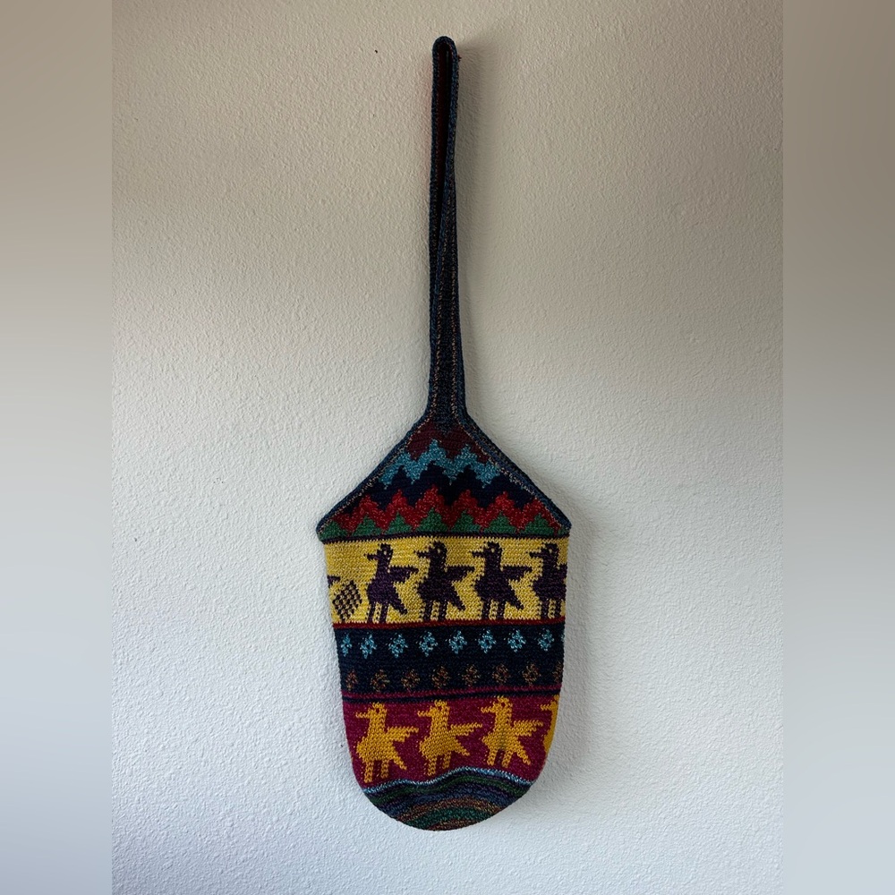 Colorful Knit Shoulder Bag with Figures